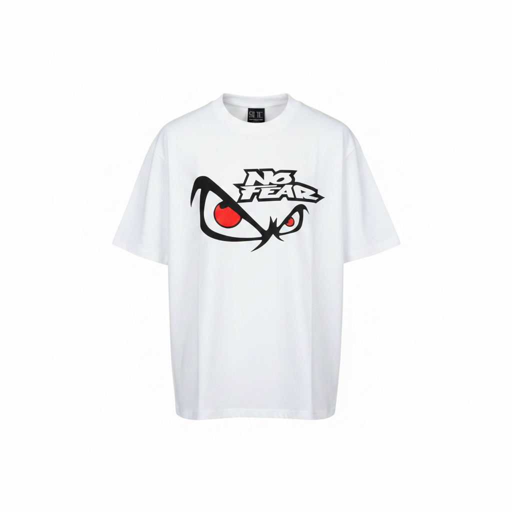 Unisex white angry eyes mascot graphic oversized tee – ghost mannequin front view