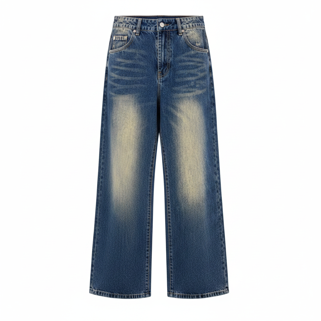 Men's baggy wide-leg patchwork distressed denim jeans – ghost mannequin front view