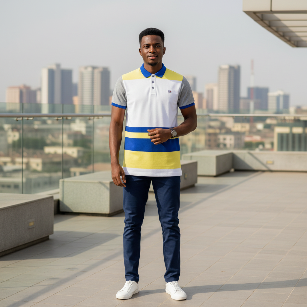 Young Nigerian male model wearing blue yellow grey colour block polo shirt