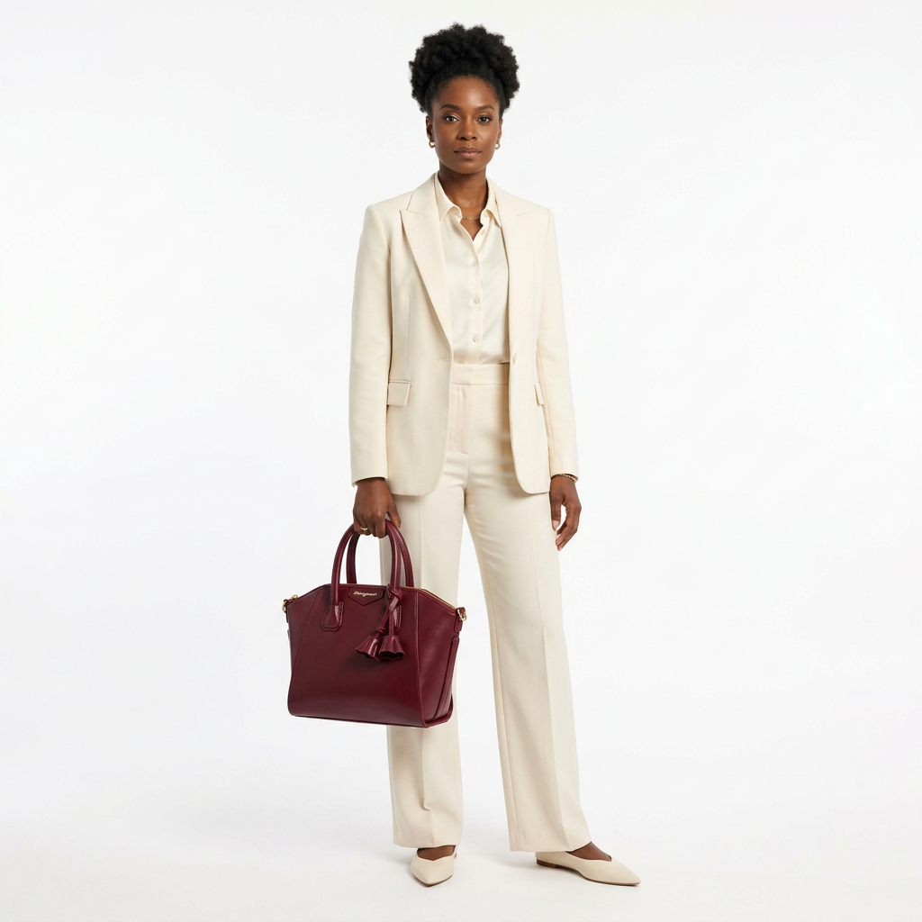 Woman in cream tailoring carrying one burgundy twin-handle handbag
