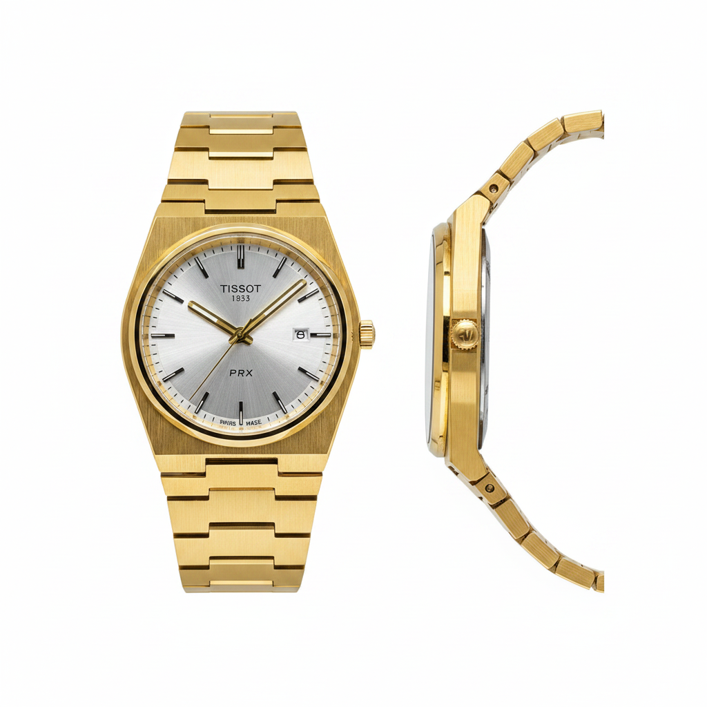 Gold-tone dress watch with silver sunray dial — front and side view