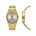 Gold-tone dress watch with silver sunray dial — front and side view