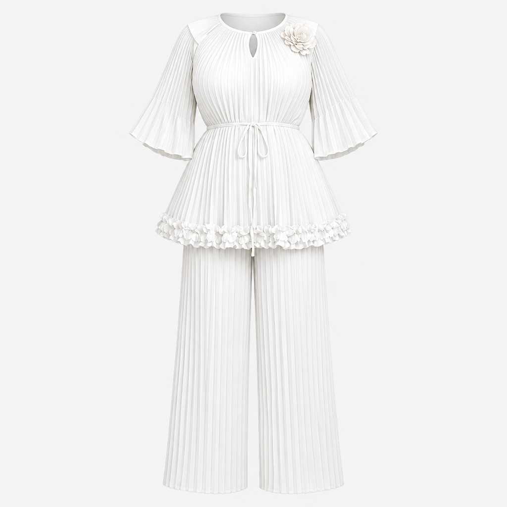 White pleated tunic and wide-leg trousers on invisible mannequin