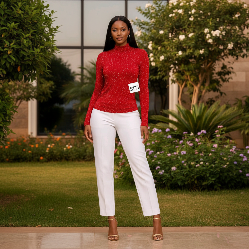 Women's Red Rhinestone Mock-Neck Top – Nigerian Model Full Body Shot
