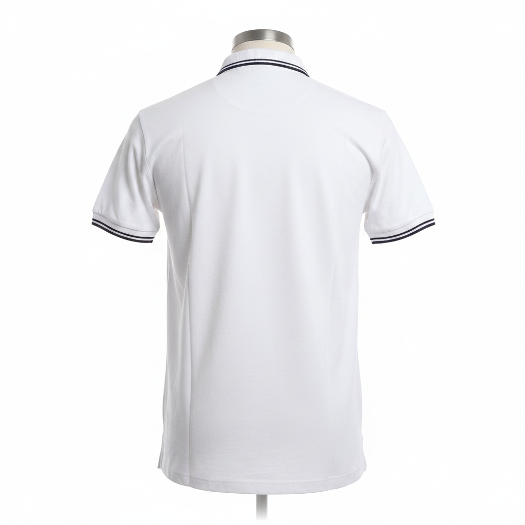 Ghost mannequin back view of white navy-tipped polo shirt