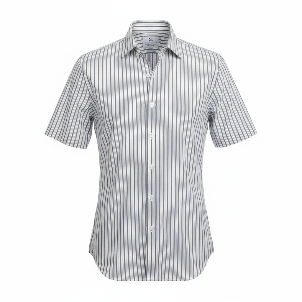 Ghost mannequin front view of white grey pinstripe short-sleeved shirt