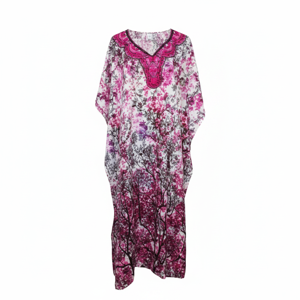 Ghost mannequin view of women's floral bubu kaftan dress with fuchsia lace trim