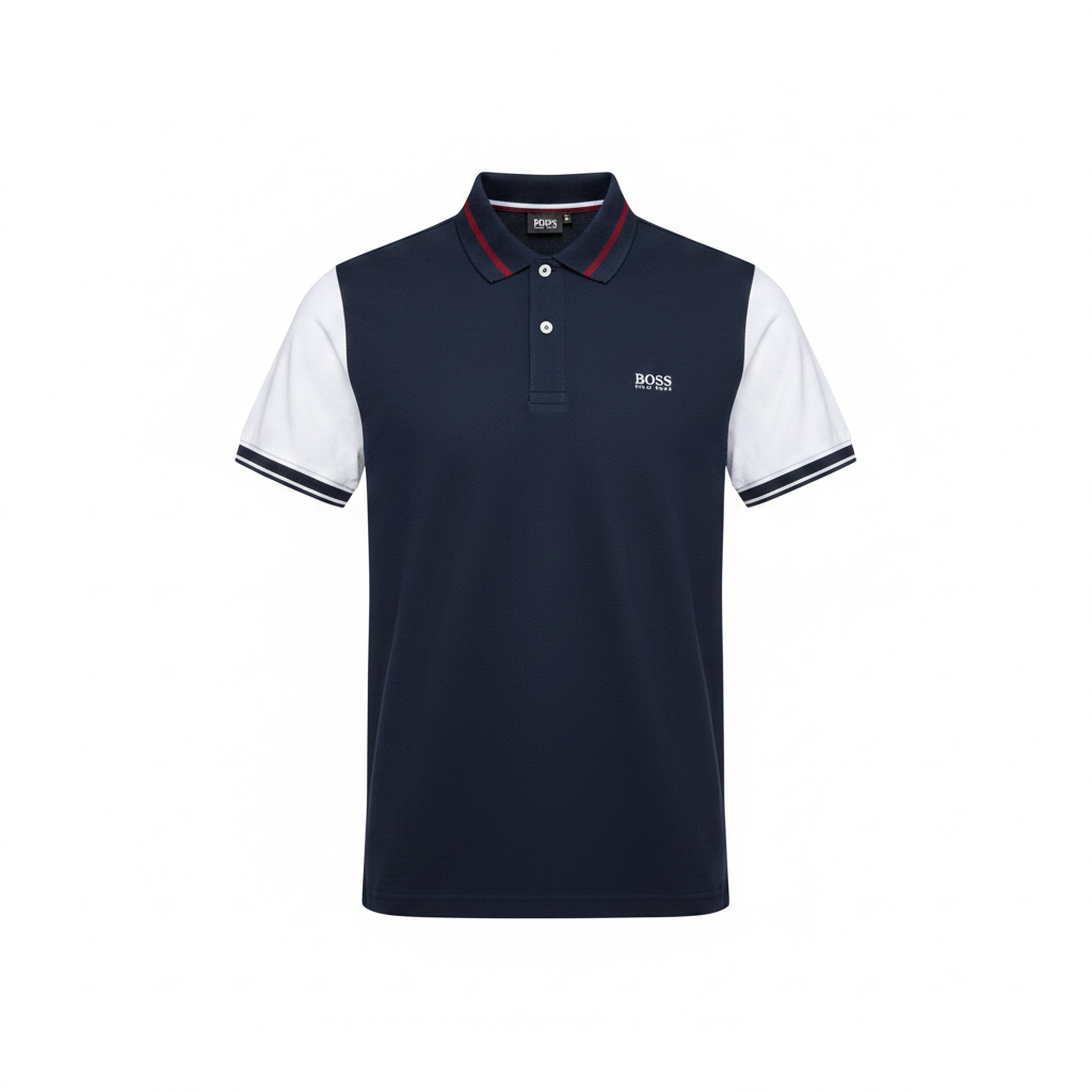 Men's navy blue white colourblock short-sleeve polo shirt - ghost mannequin front view