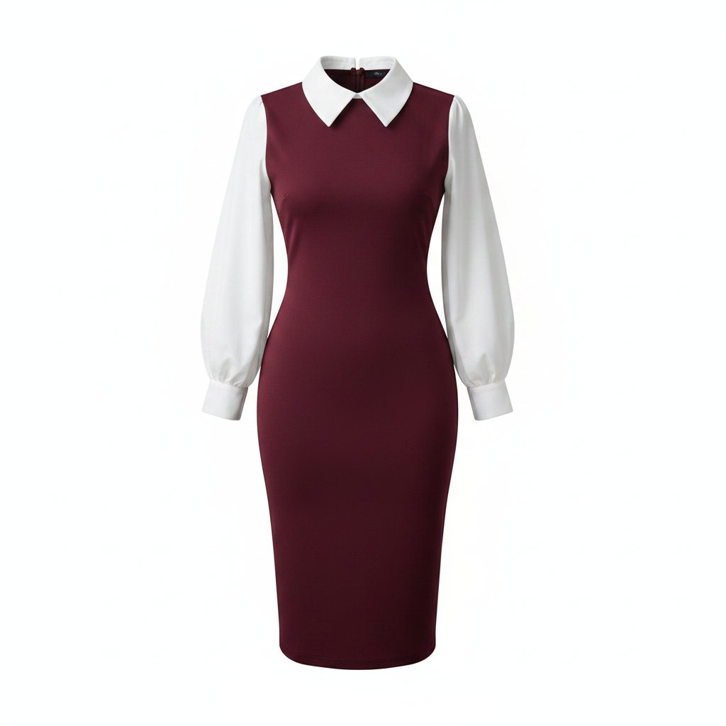 Women's wine burgundy sleeveless midi dress with white puff sleeve blouse set - ghost mannequin view