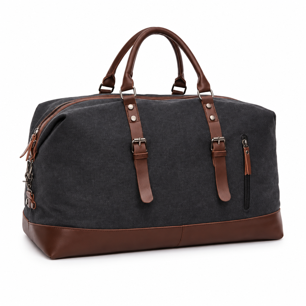 Charcoal duffle travel bag with brown trim on white background