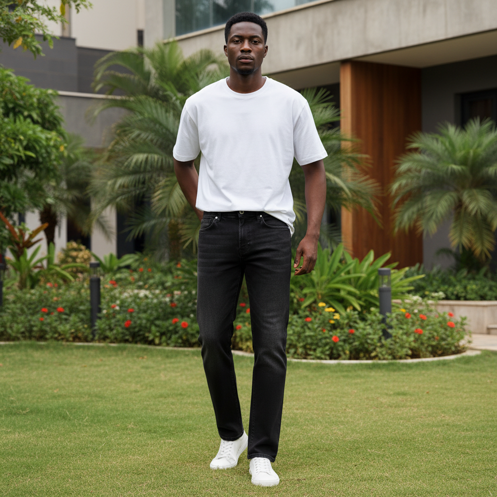 Men's black washed straight-leg denim jeans — Nigerian male model shot