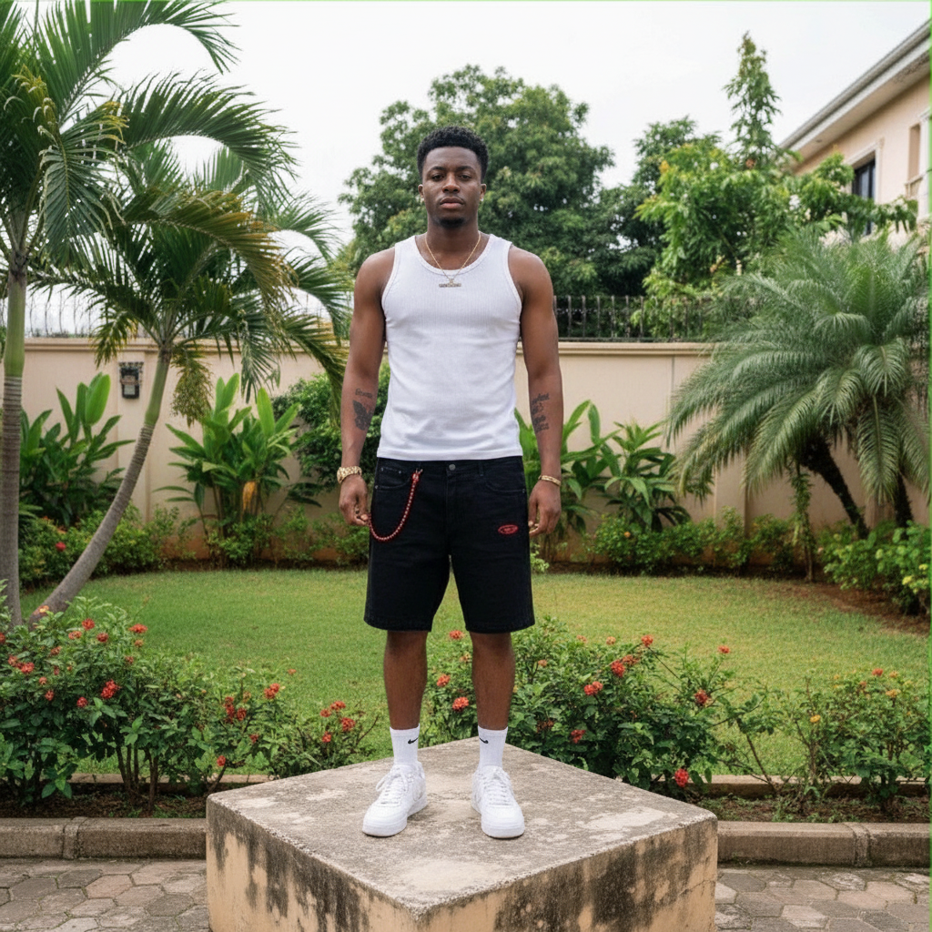 Nigerian male model wearing men's black red beaded chain logo patch raw hem denim shorts streetwear style