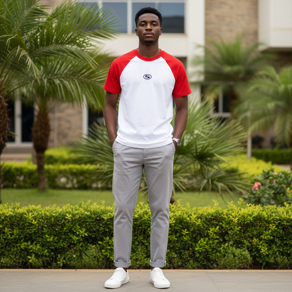 Men's White Red Raglan Short Sleeve T-Shirt - Nigerian Male Model