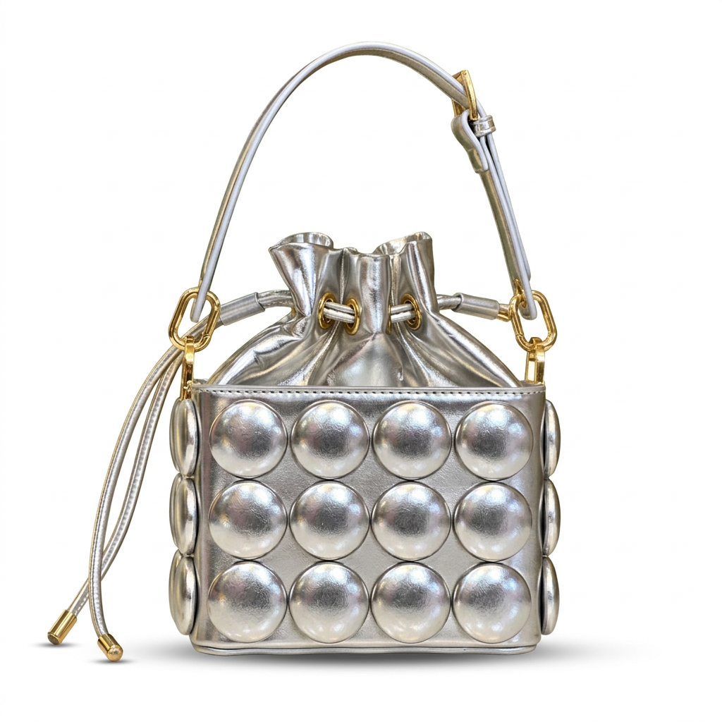 Front view of metallic silver circle-appliqué bucket bag with gold-tone hardware
