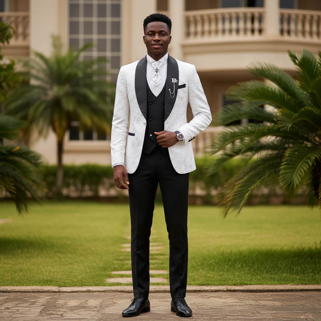Nigerian male model wearing white floral jacquard 3-piece formal suit
