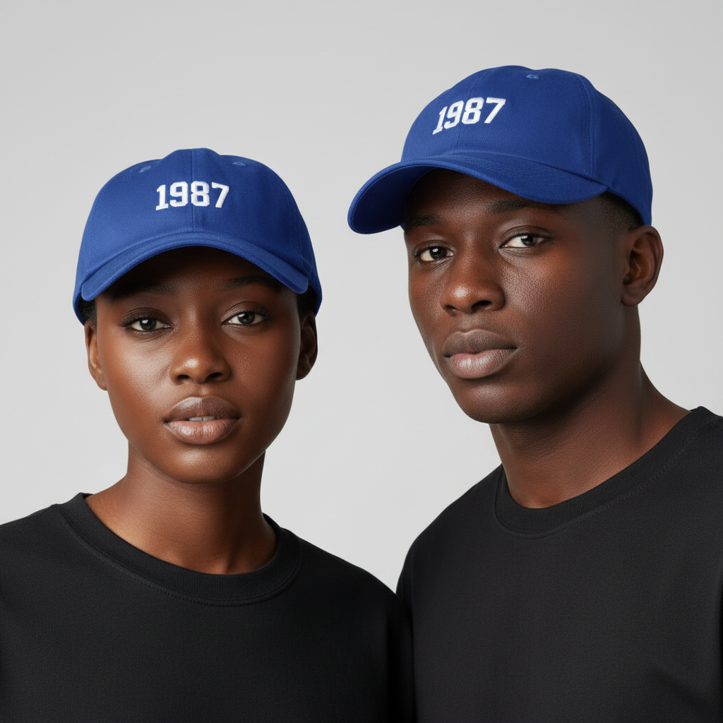 Nigerian female and male models wearing royal blue baseball cap with white year number embroidery