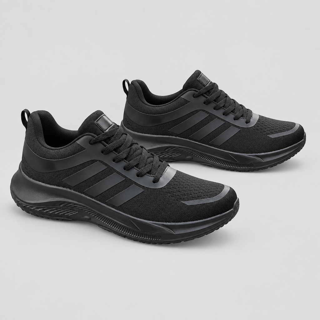 Men's all-black mesh lace-up sneakers, front and side view