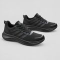 Men's all-black mesh lace-up sneakers, front and side view