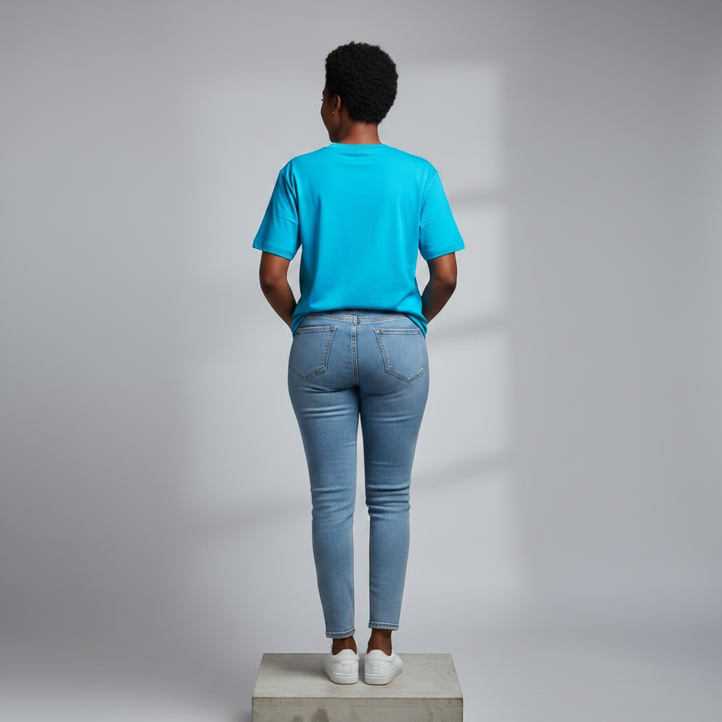 Nigerian female model back view wearing plain teal T-shirt - consistent model