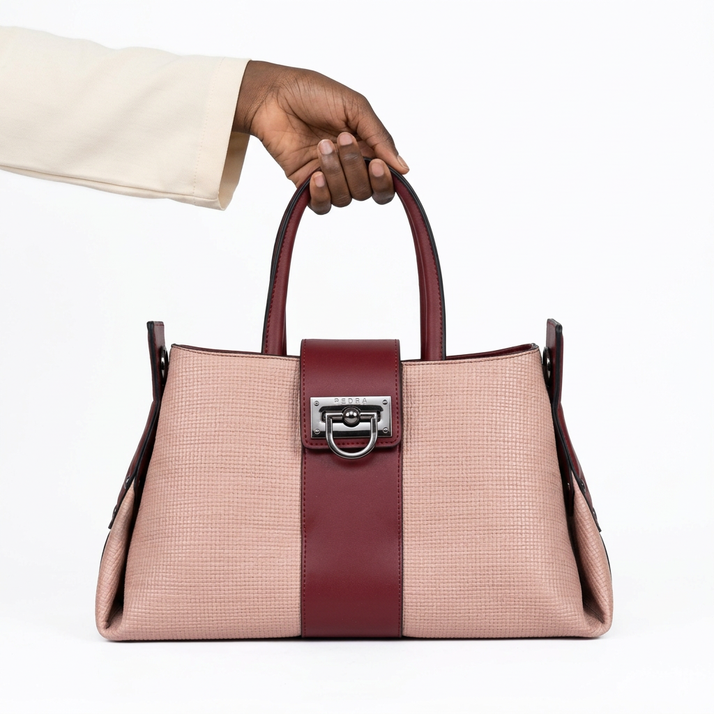 Black adult woman’s hand holding a blush-pink and burgundy handbag on white