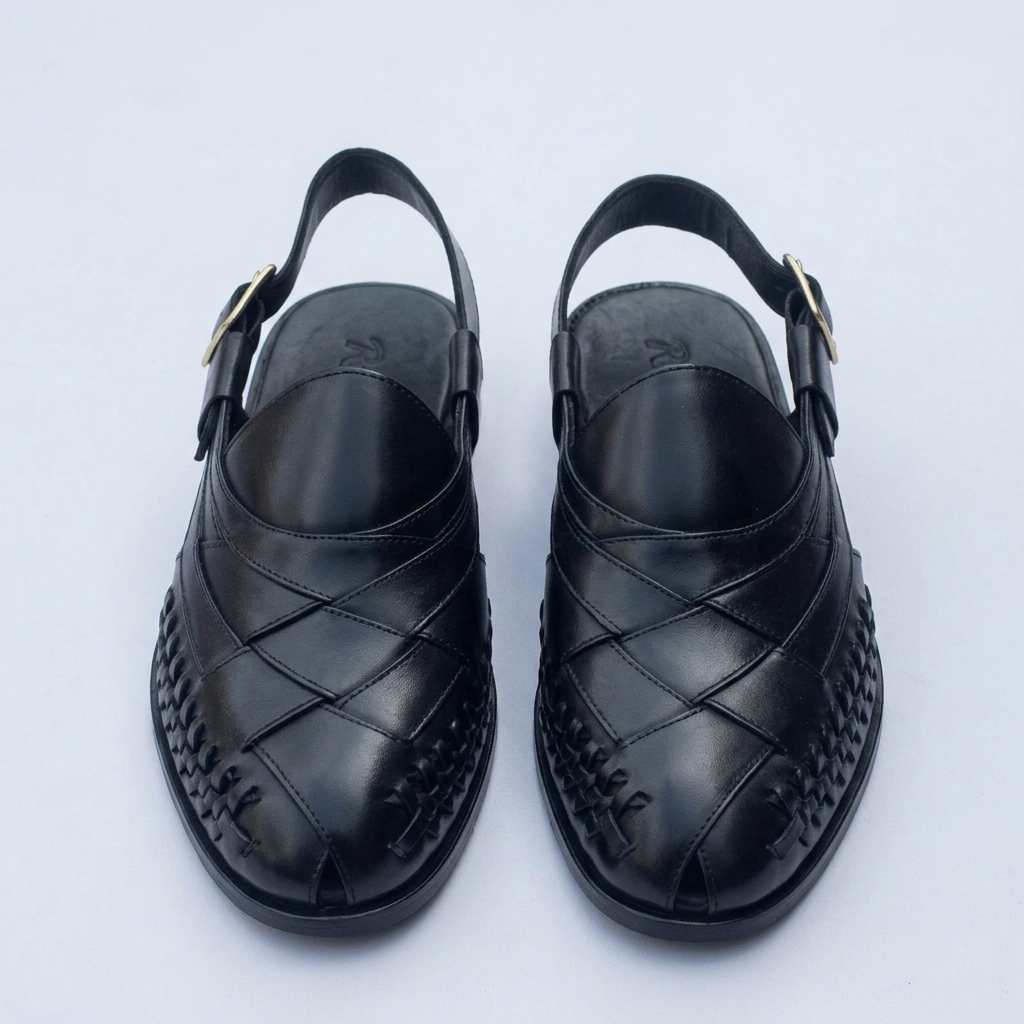 Men's black slingback sandals with woven lattice detail, straight-on view of the pair