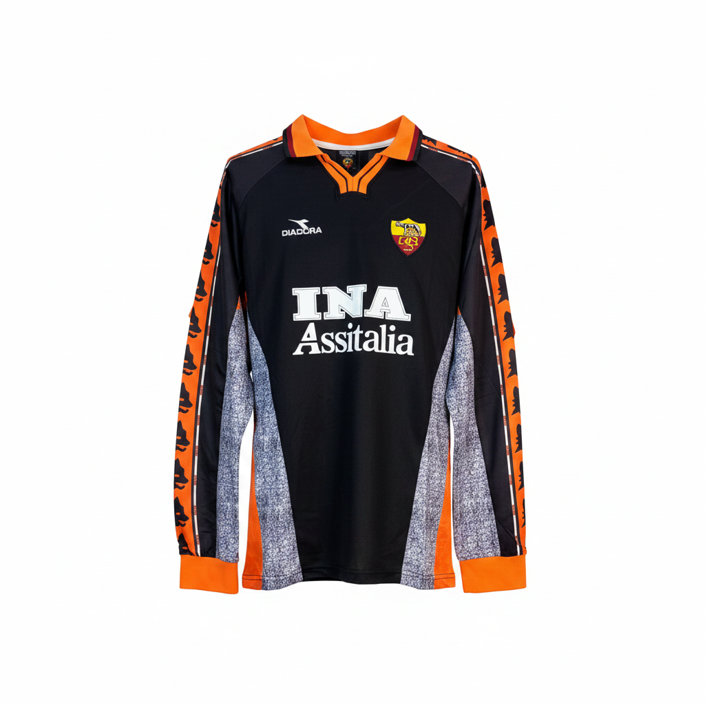 Black and orange patterned sleeve long-sleeve retro football jersey — ghost mannequin front view