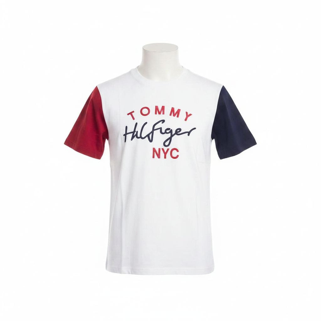 Ghost mannequin front view of white colourblock short-sleeved shirt