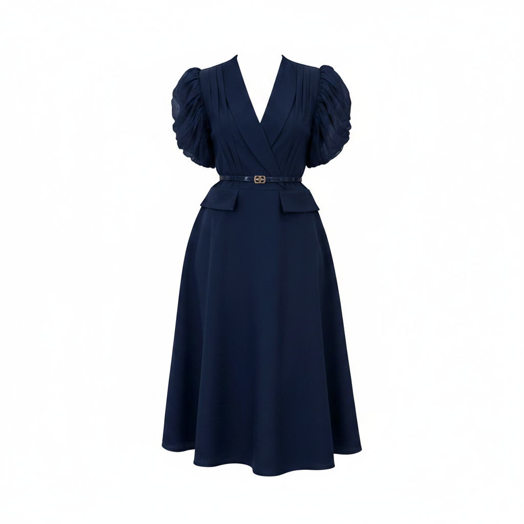 Women's puff-sleeve belted A-line midi dress in navy – ghost mannequin front view