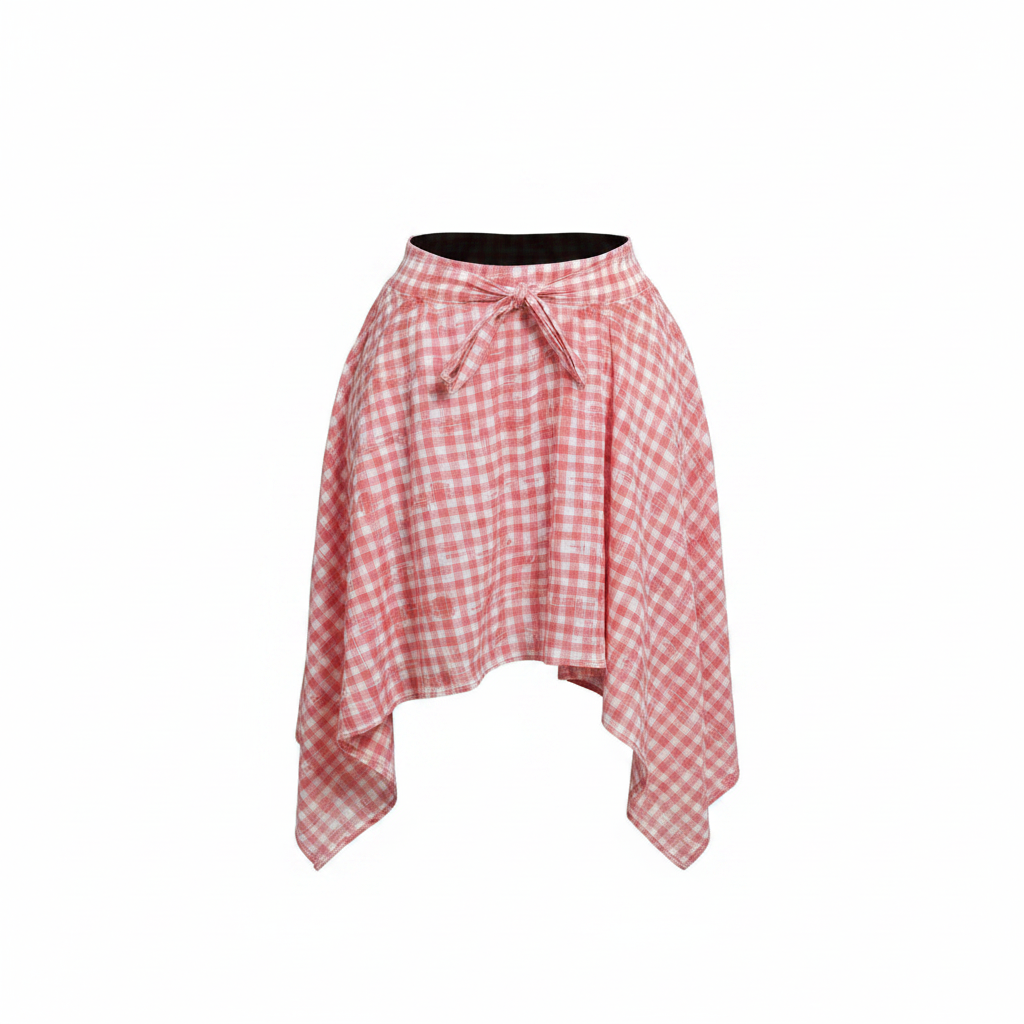 Pink and white plaid wrap skirt with tie waist and asymmetric hem, ghost mannequin