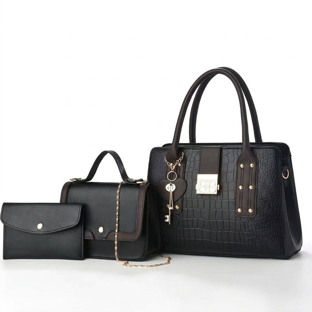 Black three-piece handbag set without label with embossed tote, flap bag and pouch on white