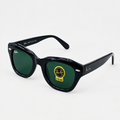 AI-generated catalog view of black sunglasses with green lenses
