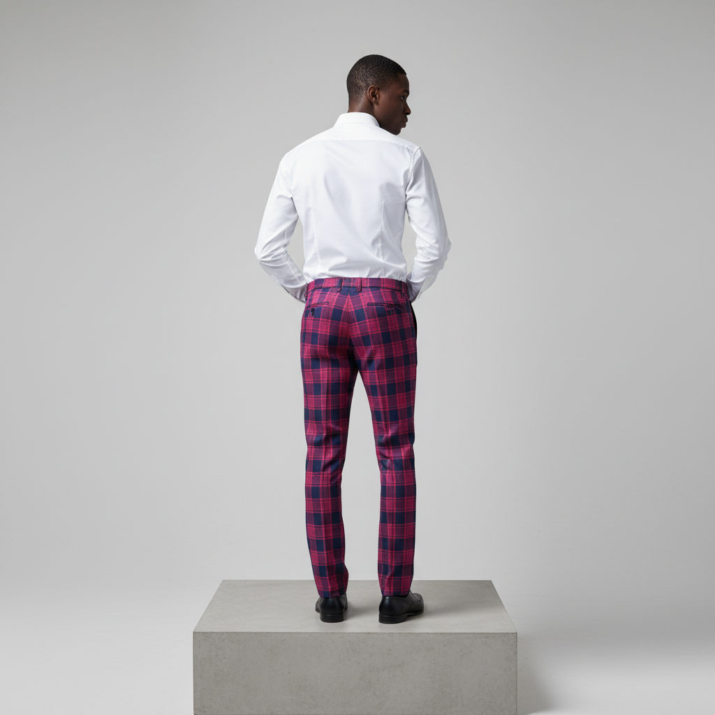 Pink Navy Tartan Trousers – Back Model