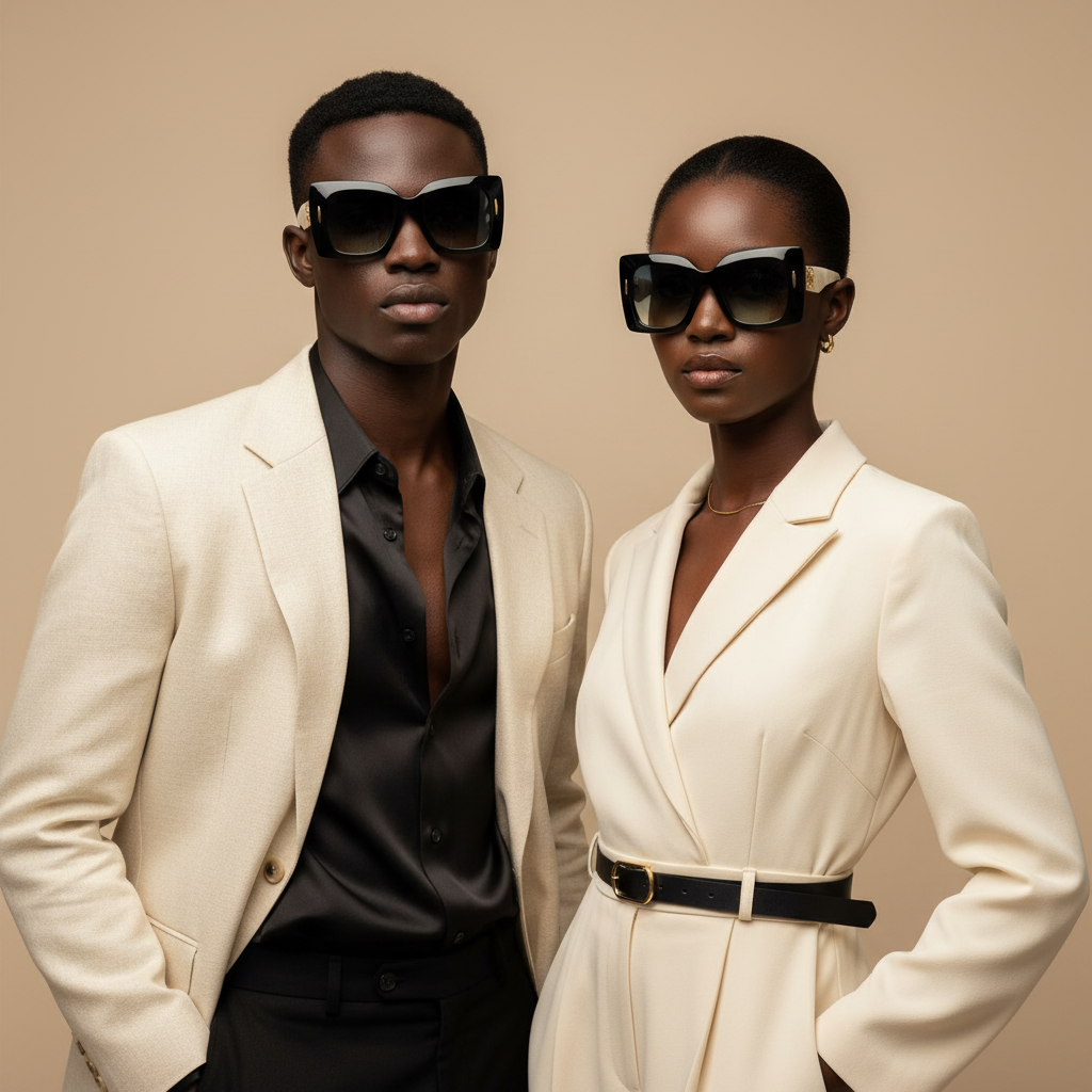 Male and female model lifestyle shot — Oversized Square Cat-Eye Black Cream Temple Mint Lens