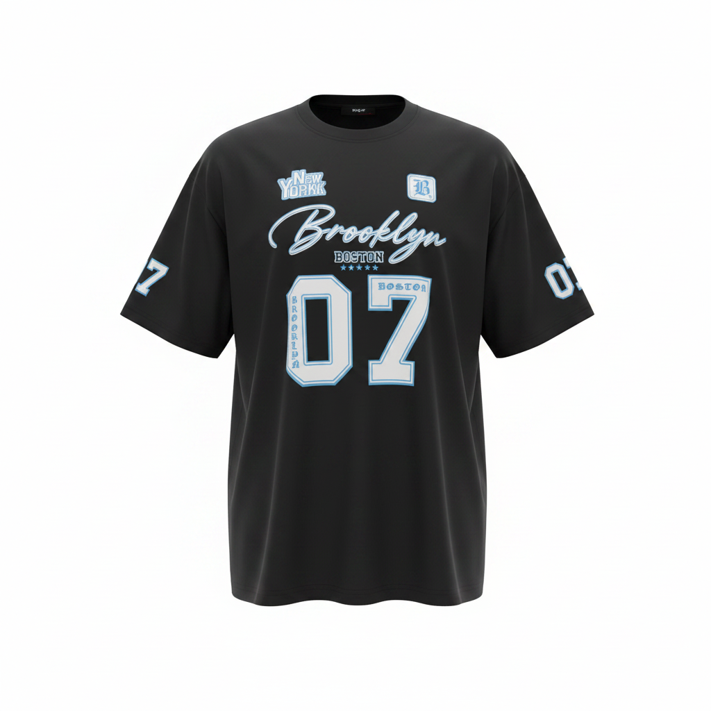 Black Brooklyn Boston 07 Varsity Graphic Short-Sleeved Shirt - Ghost Mannequin Front