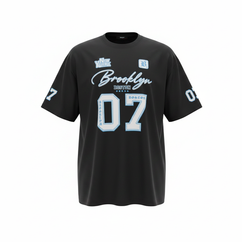 Black Brooklyn Boston 07 Varsity Graphic Short-Sleeved Shirt - Ghost Mannequin Front