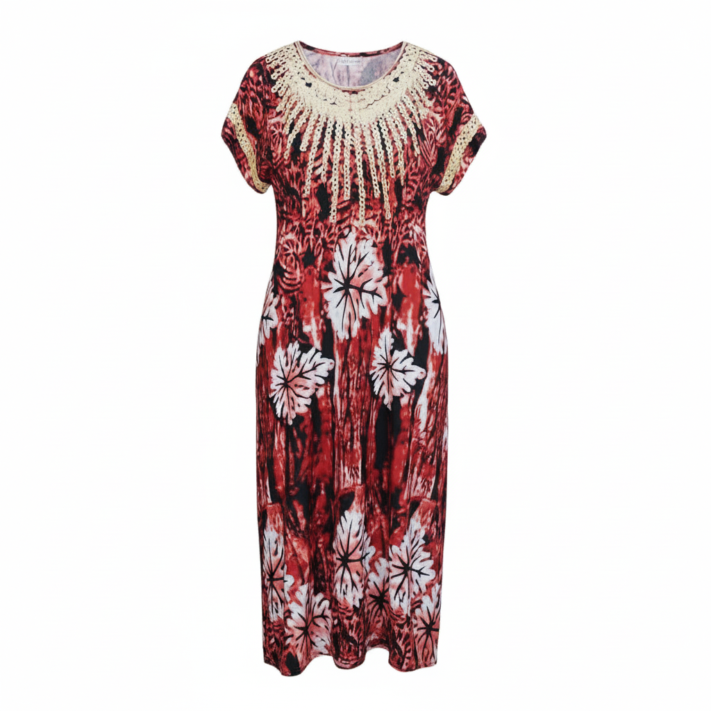 Ghost mannequin view of Wine Adire Long Bubu Gown with cream crochet lace neckline