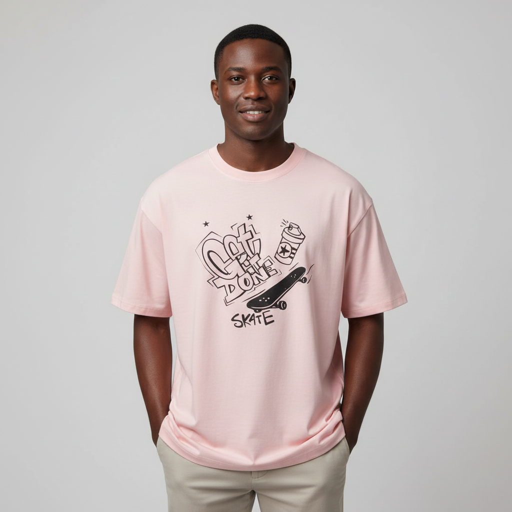 Model wearing the pink skate graffiti graphic t-shirt