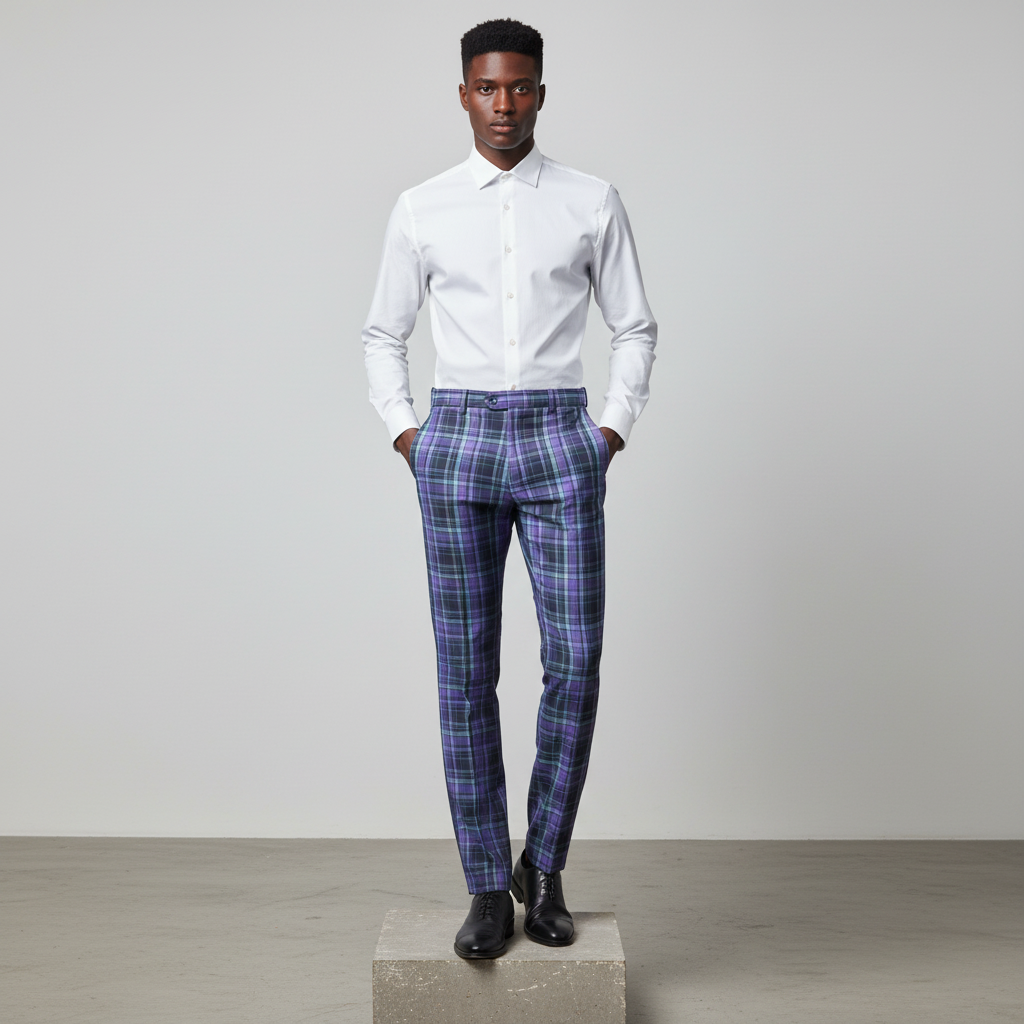 Purple Navy Tartan Trousers – Front Model