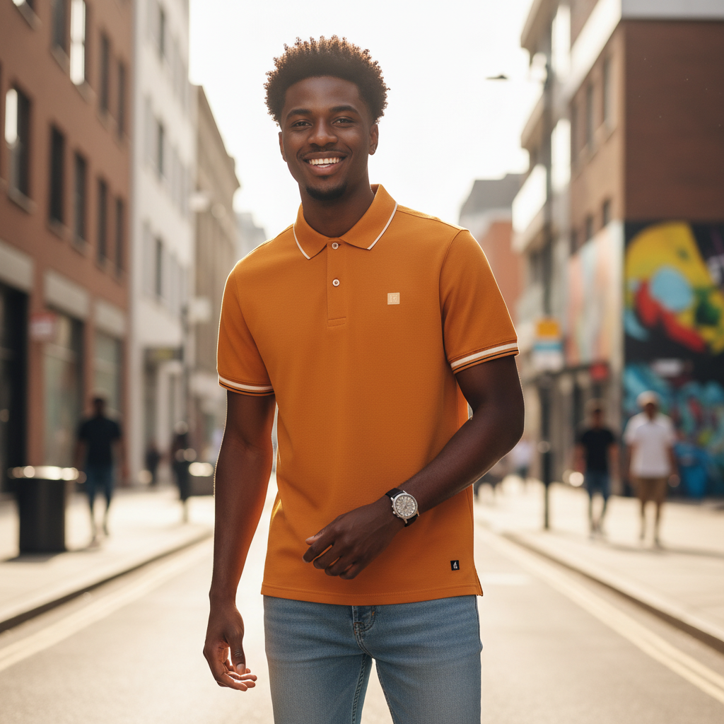 Young Nigerian male model wearing orange tipped collar polo shirt