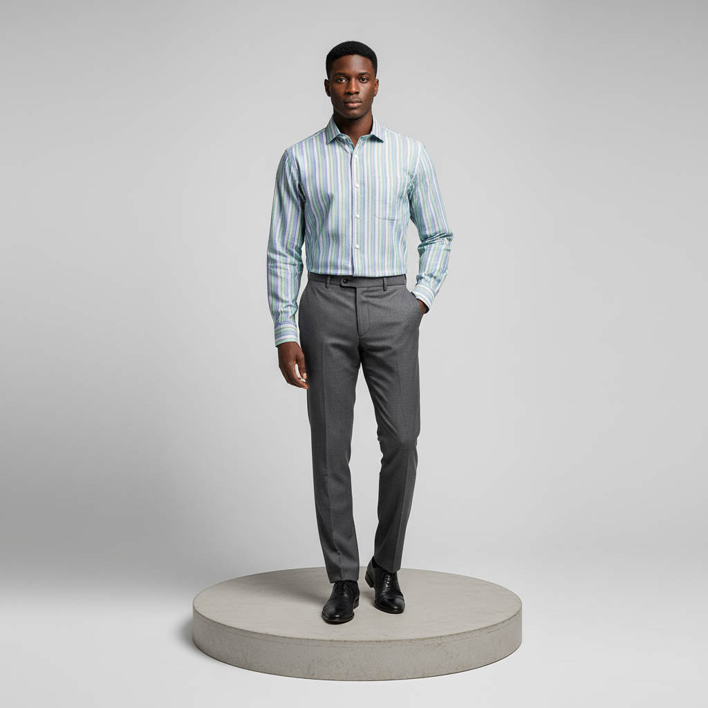 Nigerian male model wearing blue green multistripe long-sleeved shirt, front view