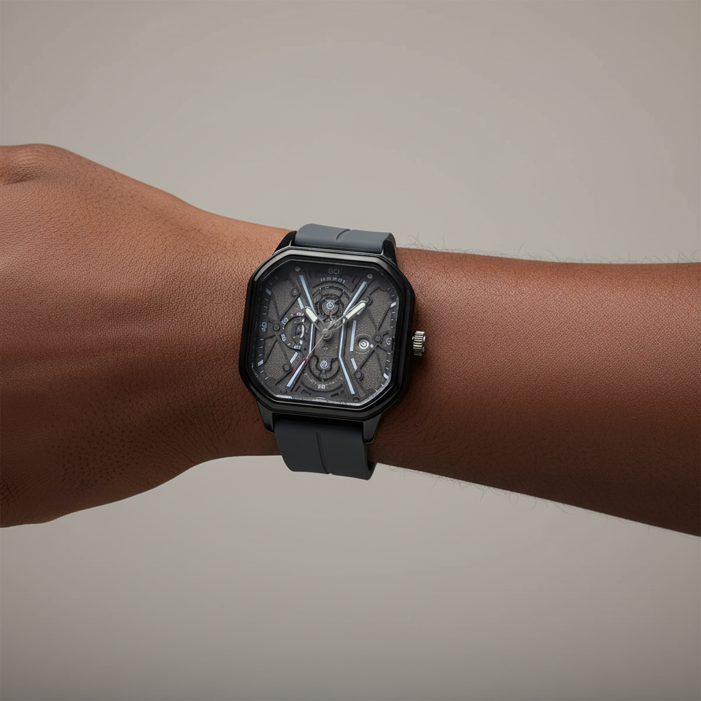 Grey strap black square skeleton-style wristwatch worn on a Black man's wrist