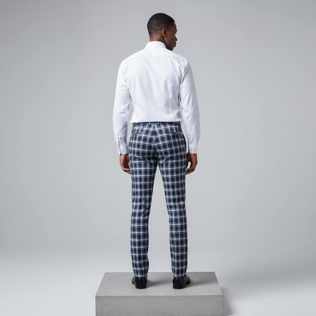Navy White Plaid Trousers – Back Model