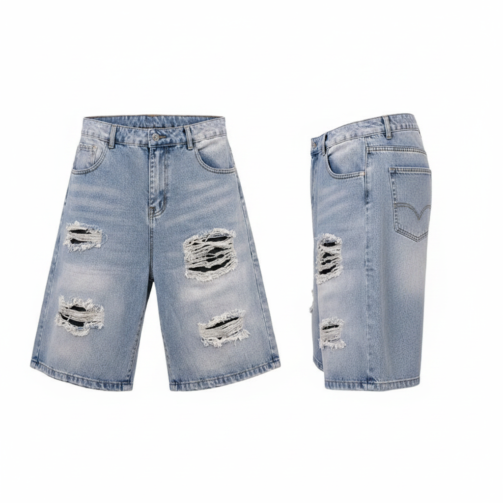 Men's light blue heavily ripped distressed denim shorts ghost mannequin front and side view
