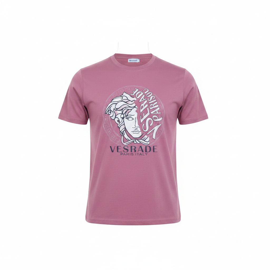 Ghost mannequin front view of dusty pink mythological face circular graphic T-shirt
