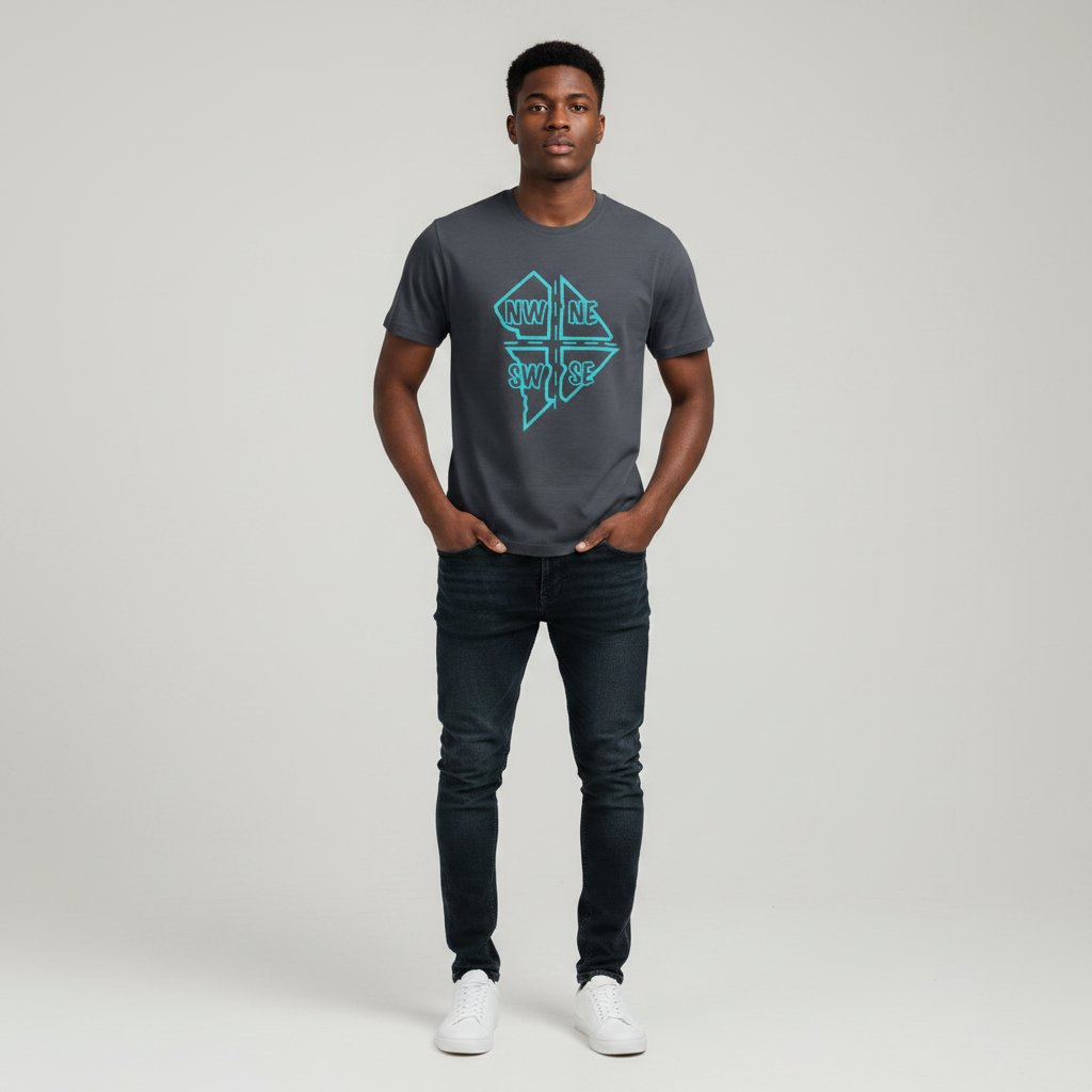 Young Nigerian male wearing dark charcoal neon compass rose graphic crew neck tee