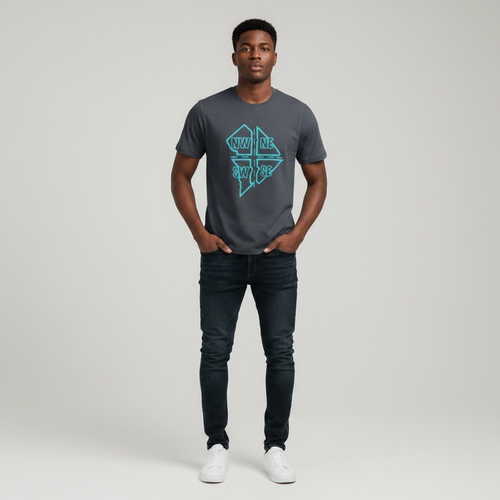 Young Nigerian male wearing dark charcoal neon compass rose graphic crew neck tee