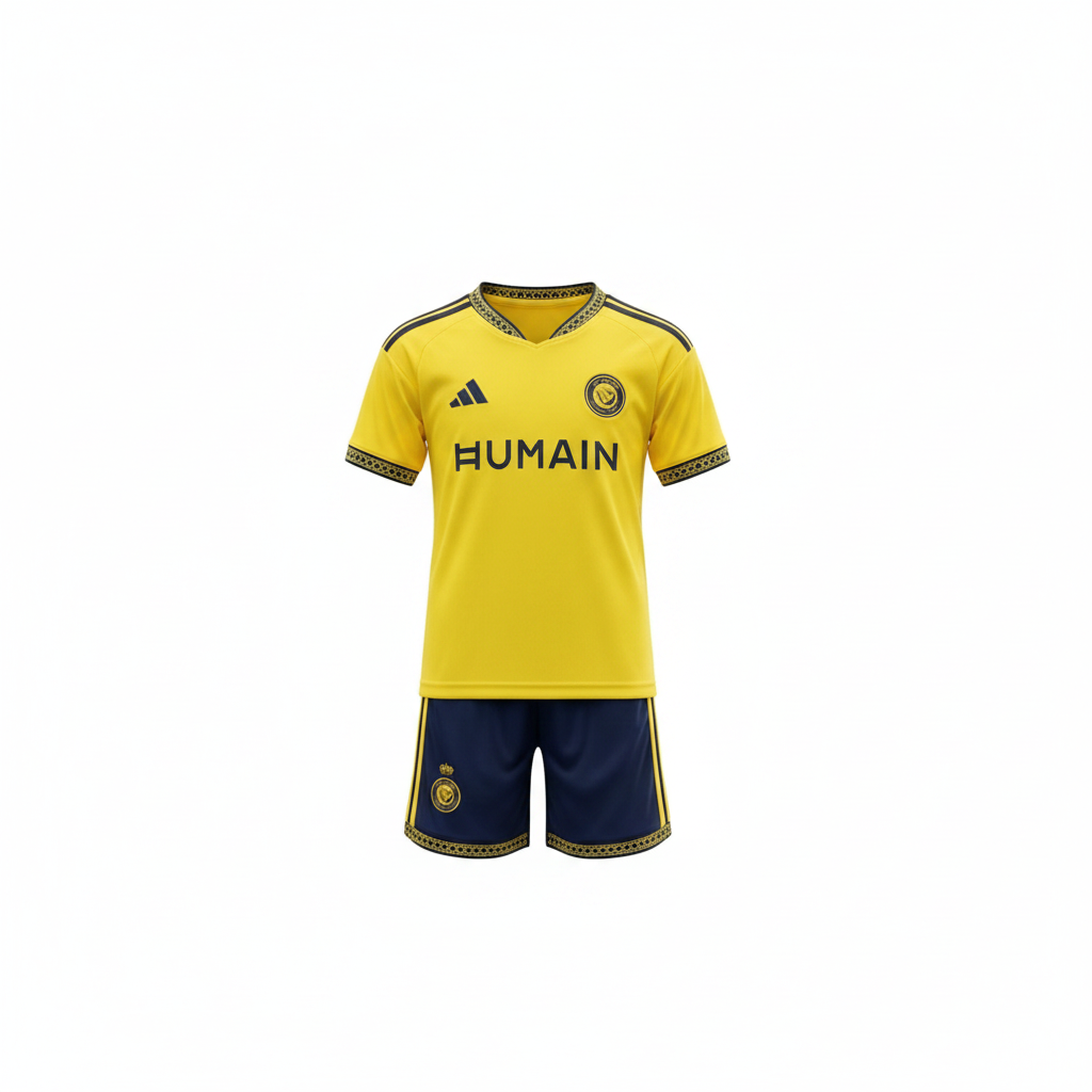 Kids' yellow football jersey set – ghost mannequin front view on white background