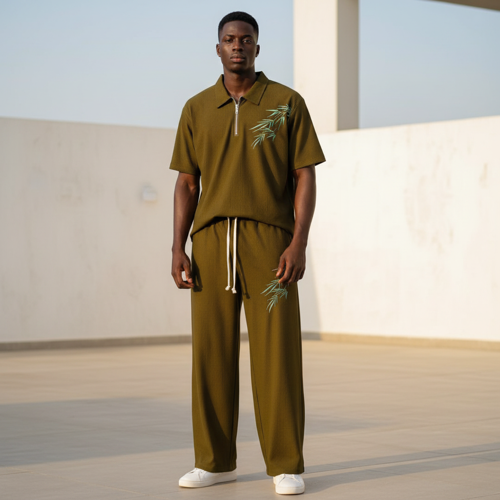 Male model wearing olive green bamboo leaf ribbed polo and trouser two-piece set