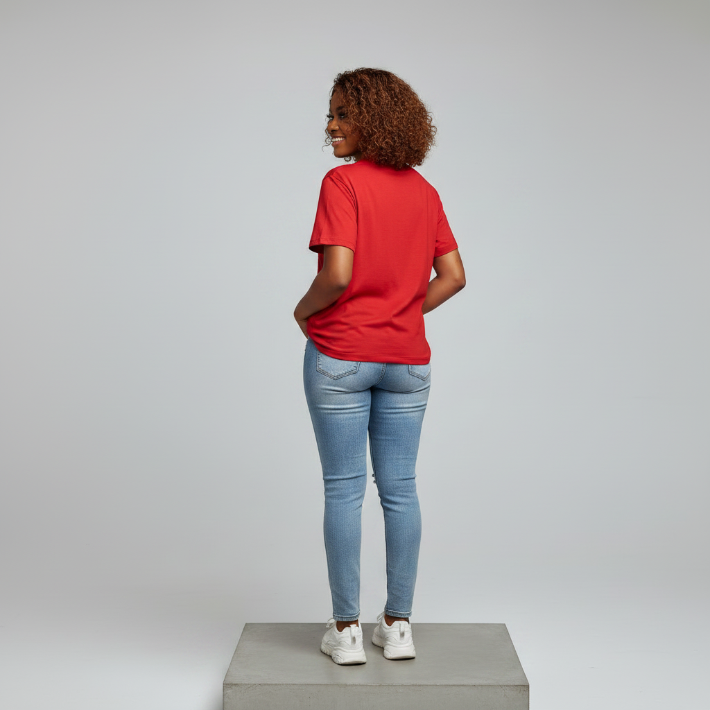 Nigerian female model back view wearing plain red T-shirt - consistent model