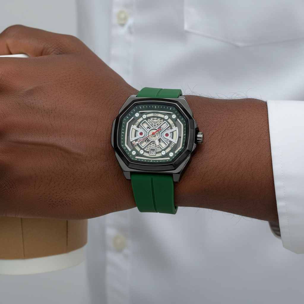Green skeleton-style wristwatch worn on a Black man's wrist